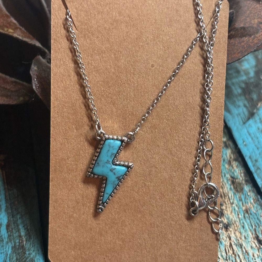 Silver Lightning Bolt Necklace with Turquoise Stone